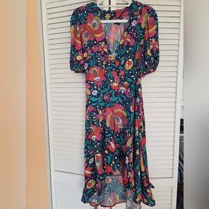 summersalt Navy Floral Wrap Midi Dress with Bright Floral Print